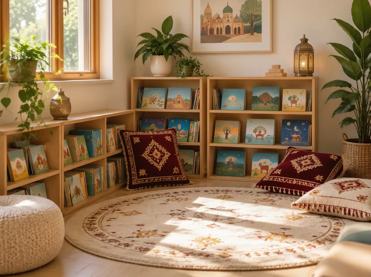 A cosy reading corner with low wooden shelves of picture books and prayer-rug-patterned burgundy and gold cushions on a round rug.