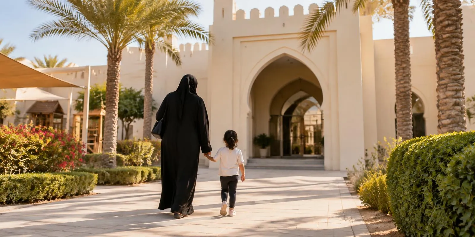 A mother and young child, seen from behind, walking hand in hand along a sunny path towards an arched kindergarten entrance lined with palm trees.