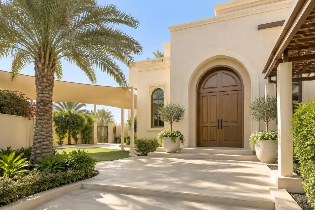 The outside of a villa-style kindergarten entrance with cream stone walls, an arched wooden door, a palm tree and a shade canopy.