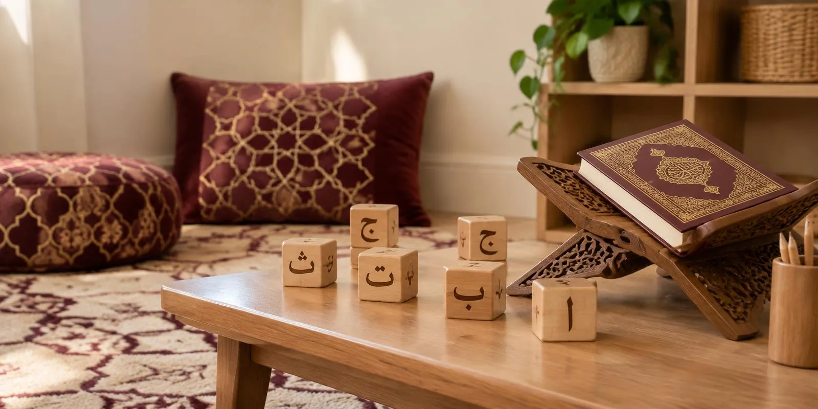 A Quran and Arabic-letters corner: wooden Arabic letter blocks on a low table beside a carved wooden rehal stand and cushions with Islamic geometric patterns.