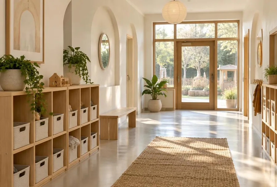 A bright entrance hallway with low wooden cubbies, baskets, a bench and plants in morning light.