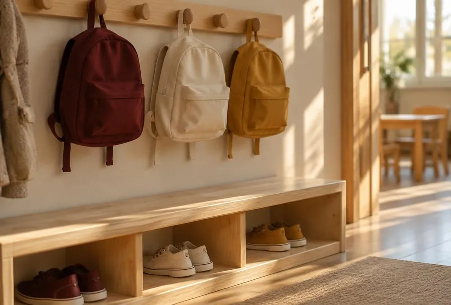 Small backpacks hanging above a wooden bench with neat pairs of little shoes underneath.