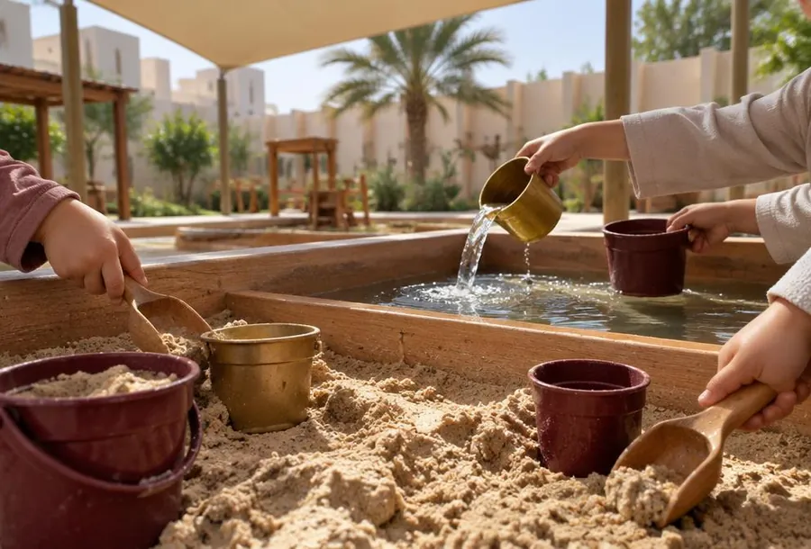 Children's hands playing with sand and water at a sensory play table in a shaded courtyard.