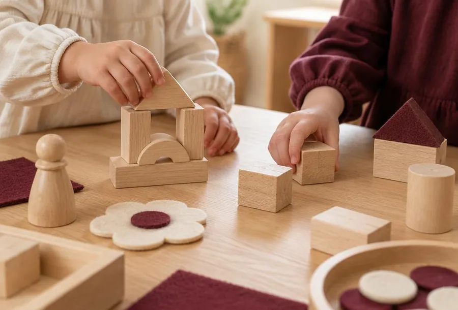 Children's hands building with wooden blocks on a classroom table.