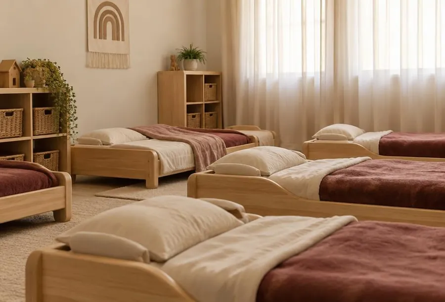 A calm nap room with low wooden beds and cream and burgundy blankets.