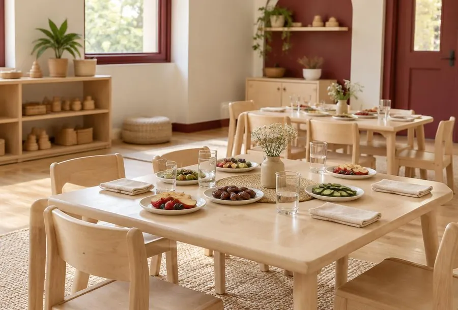 A snack area with small wooden tables set with fruit, dates, cucumber and cups of water.