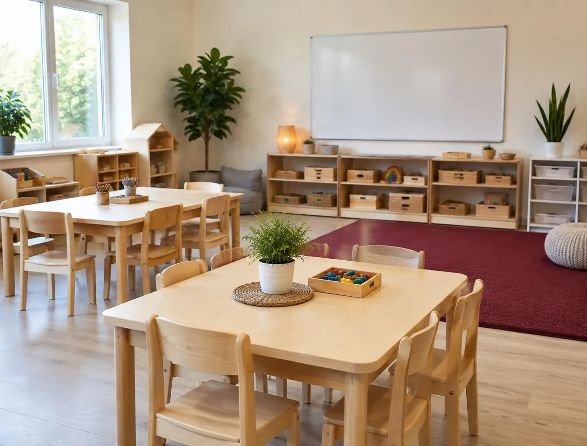 An equipped classroom with small wooden tables and chairs, a whiteboard, shelves of learning materials and a burgundy carpet.