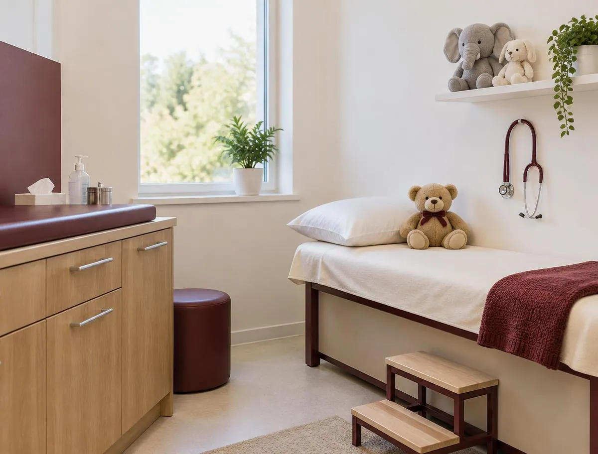 A calm clinic room with a small examination bed, a stethoscope and soft toys.