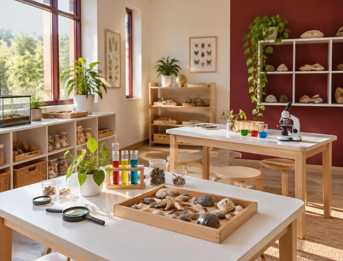A children's science discovery lab with magnifying glasses, coloured test tubes, a microscope, shells and stones.