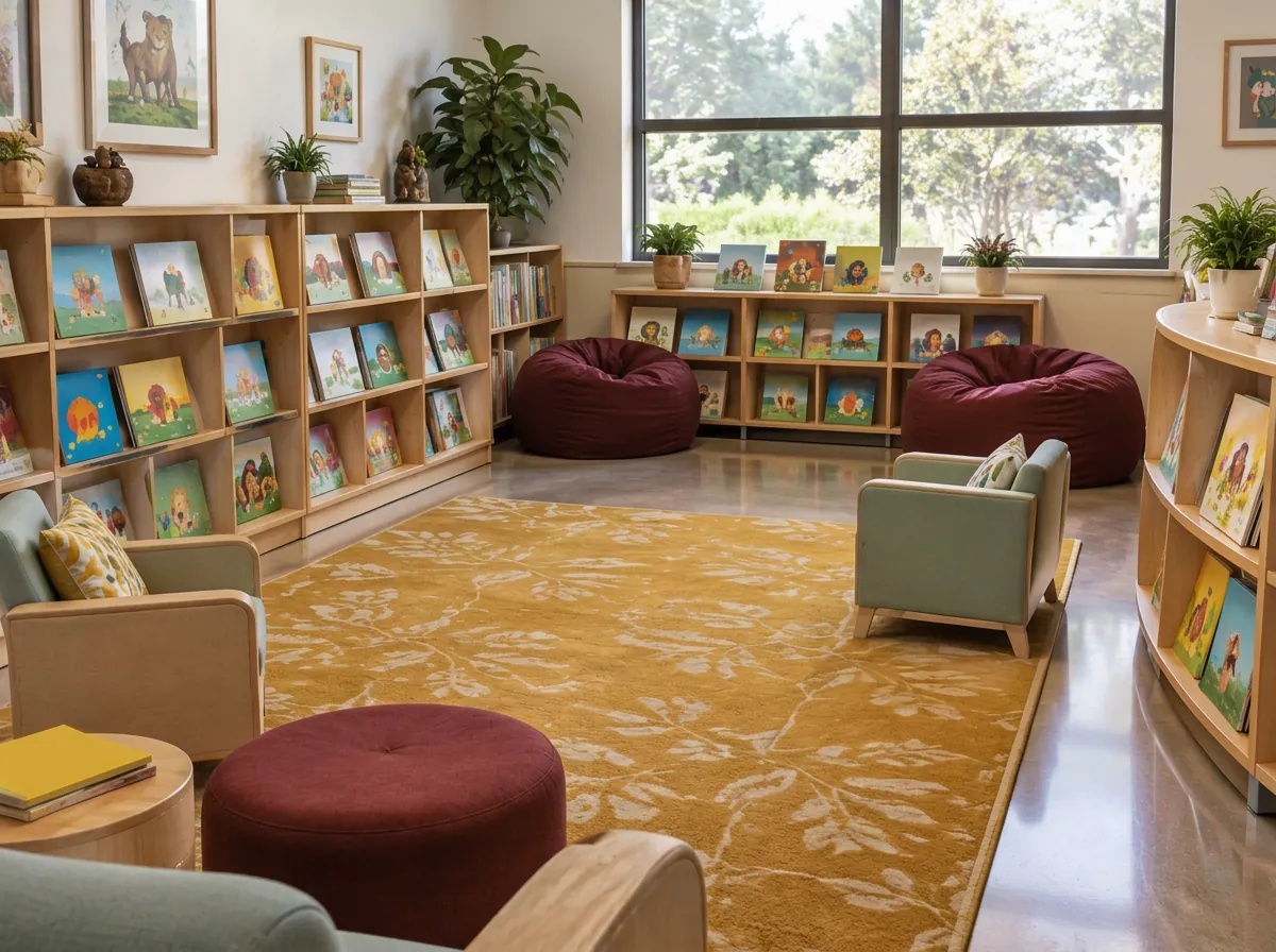 A bright library with low shelves of picture books, small armchairs and burgundy bean bags on a gold rug.