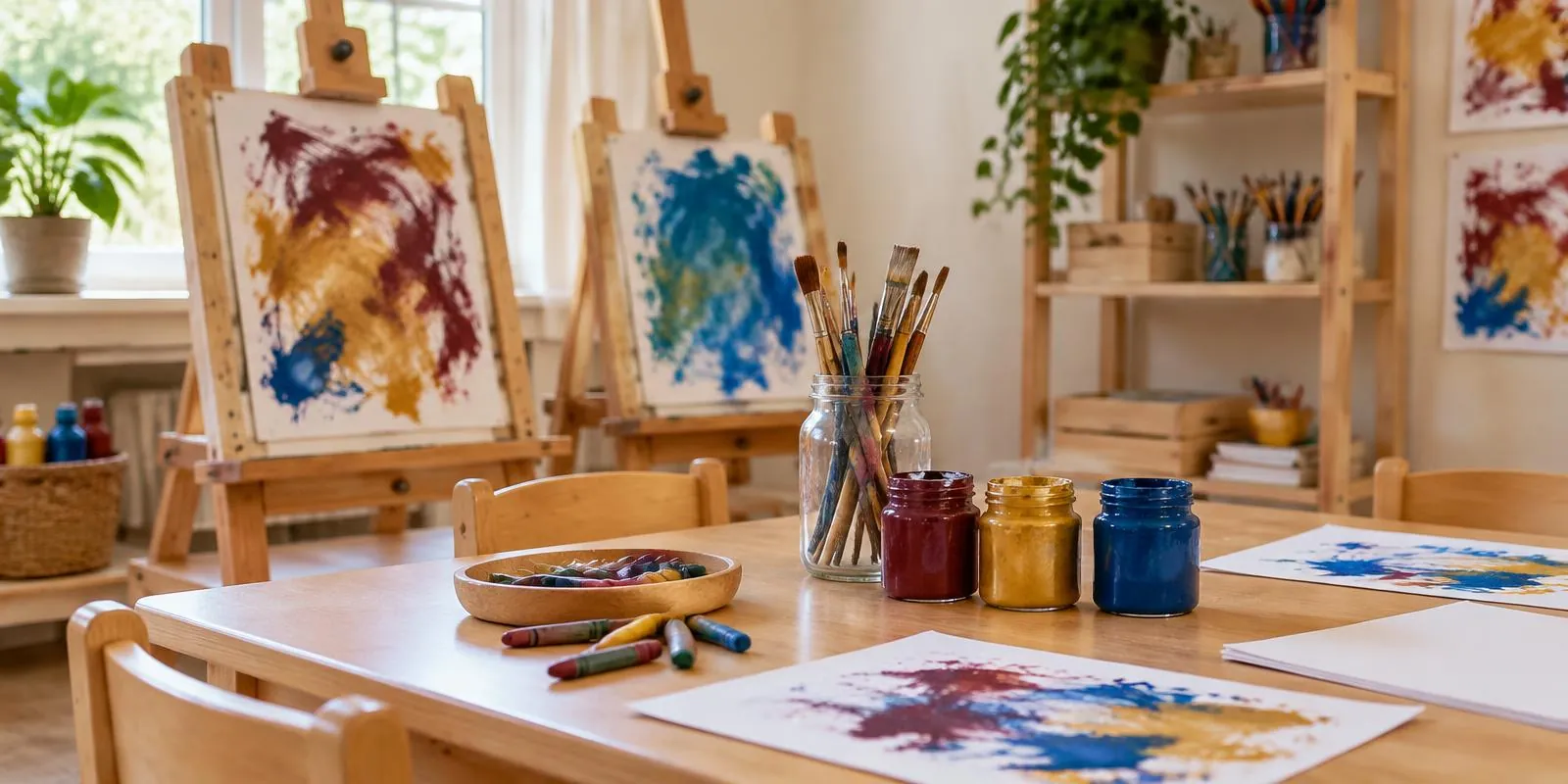 An art corner with wooden easels, colourful children's paintings, brushes and pots of burgundy, gold and blue paint on a table.