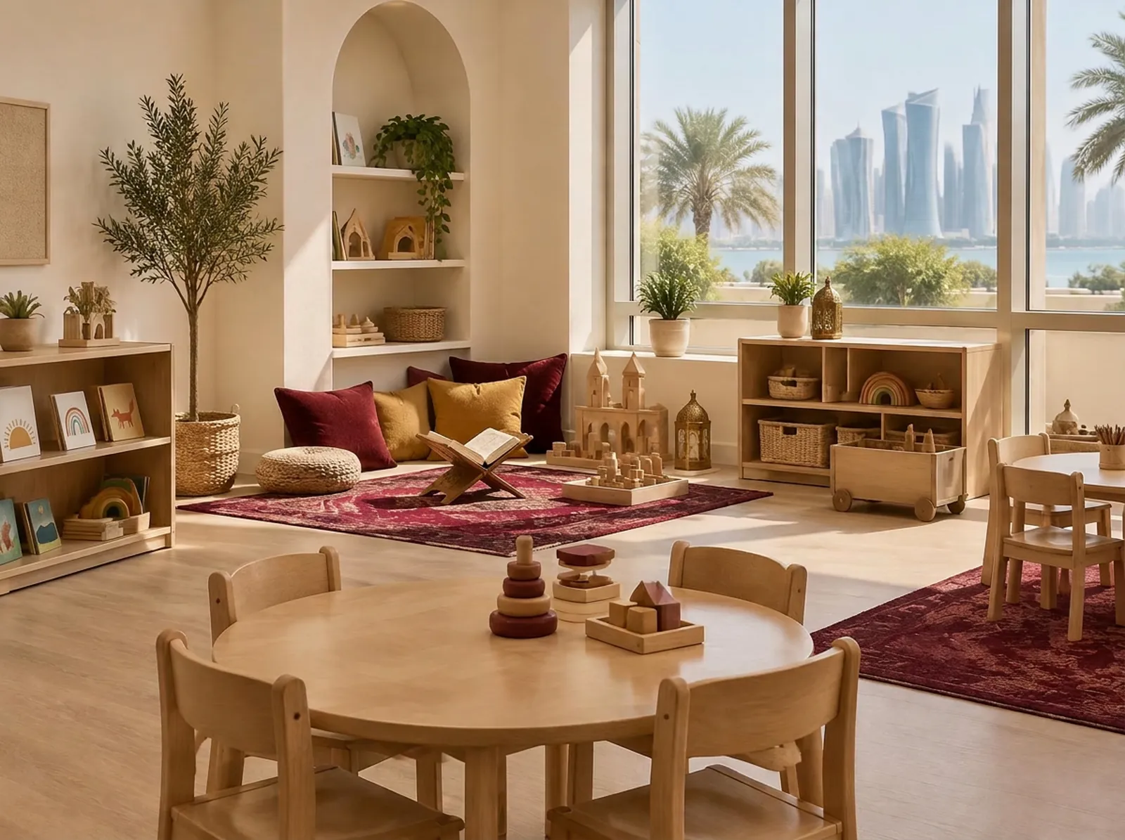 A bright kindergarten classroom with small wooden tables and chairs, burgundy and gold floor cushions and a wooden rehal book stand, with large windows looking out to palm trees and the Doha skyline.